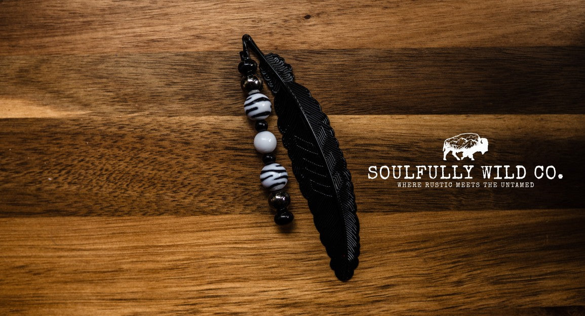 Soulful Black Feather Bookmark - Black, Silver, Zebra Beads