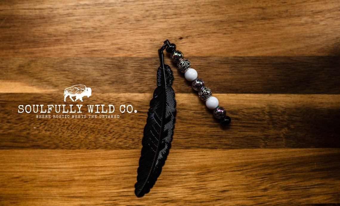 Soulful Black Feather Bookmark - Black, Silver Metal and White