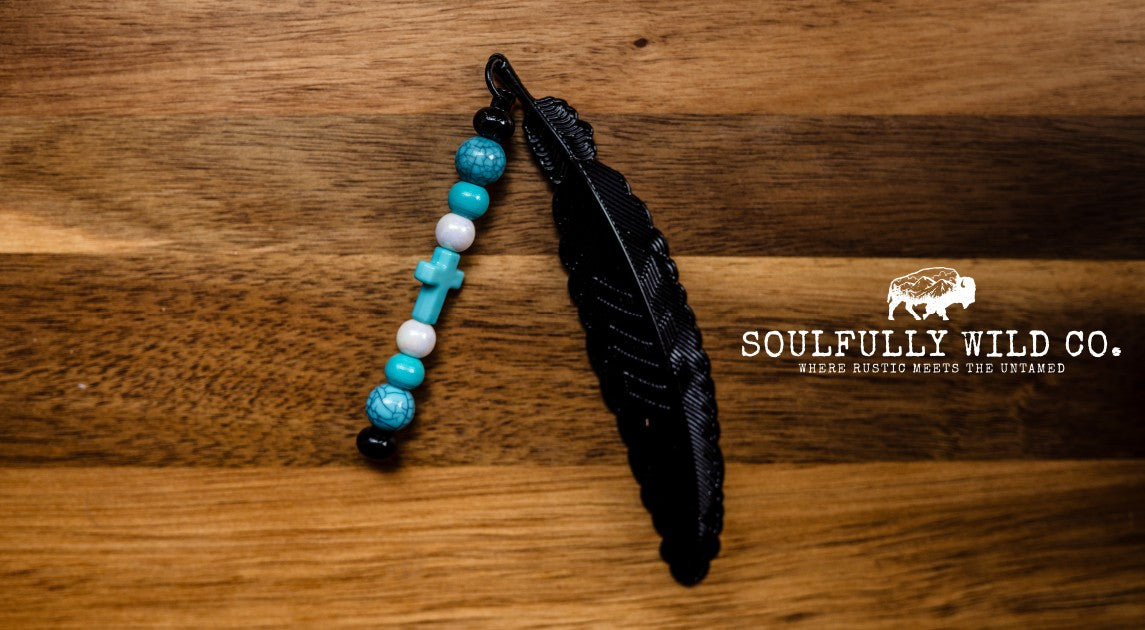 Soulful Black Feather Bookmark - Black, Turquoise and White with Cross