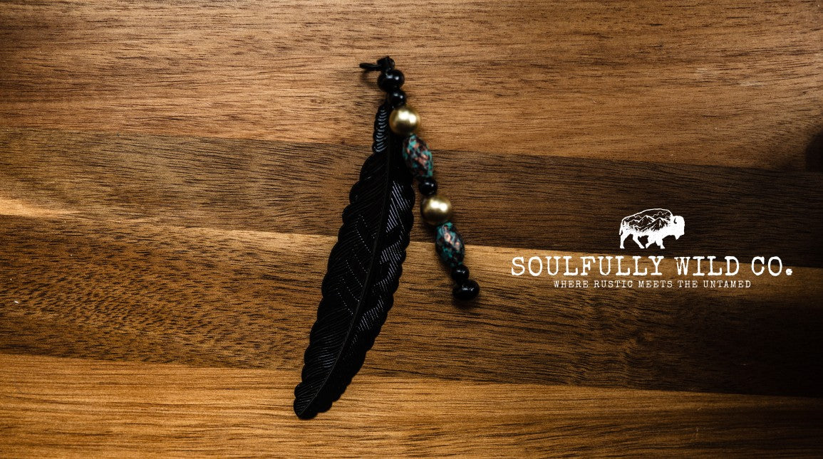 Soulful Black Feather Bookmark - Black, Gold and Turquoise/Bronze and Gold Beads