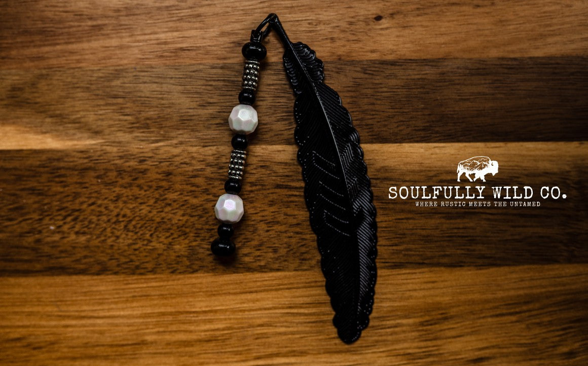 Soulful Black Feather Bookmark - Black, Pearl and Metal