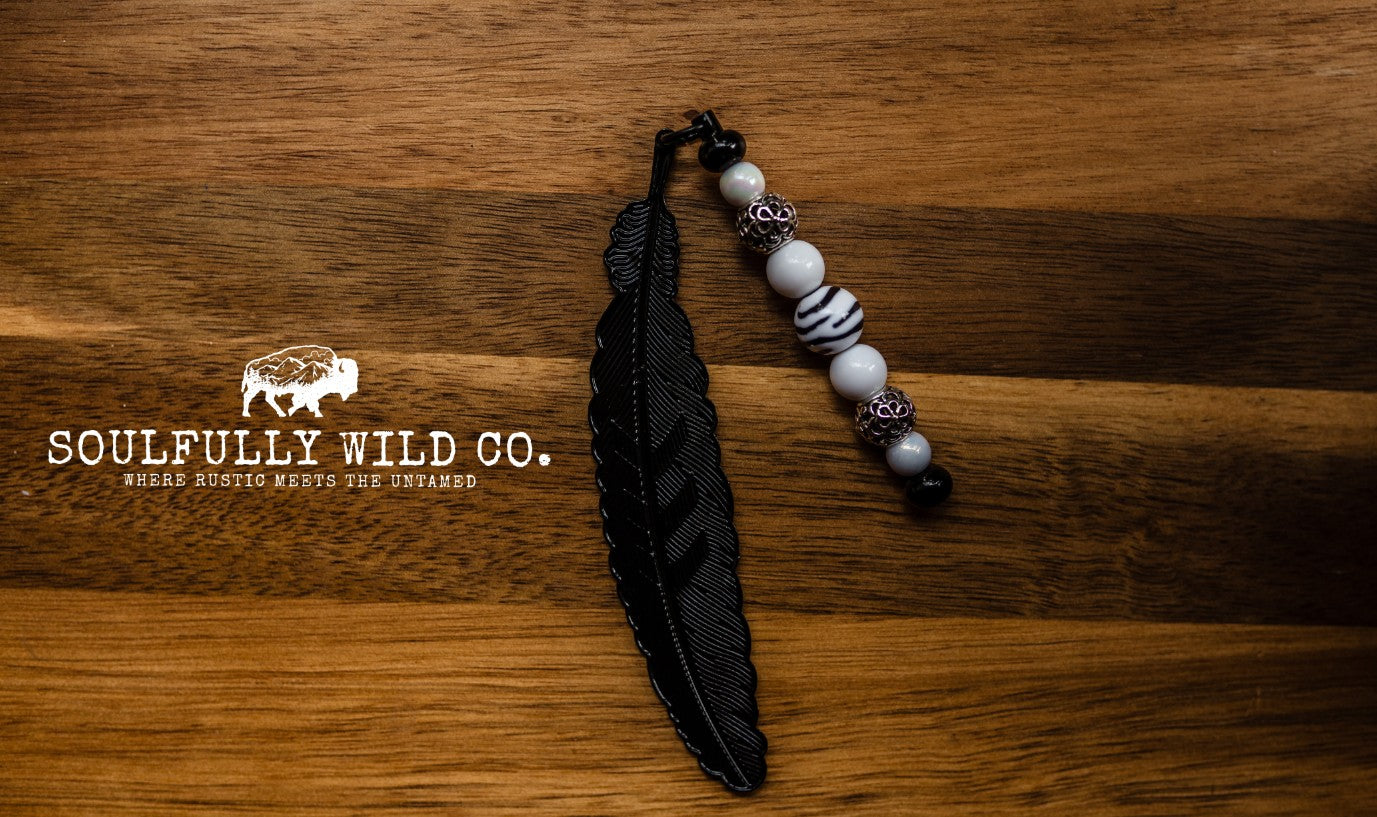 Soulful Black Feather Bookmark - Black, Pearl, Metal and Zebra