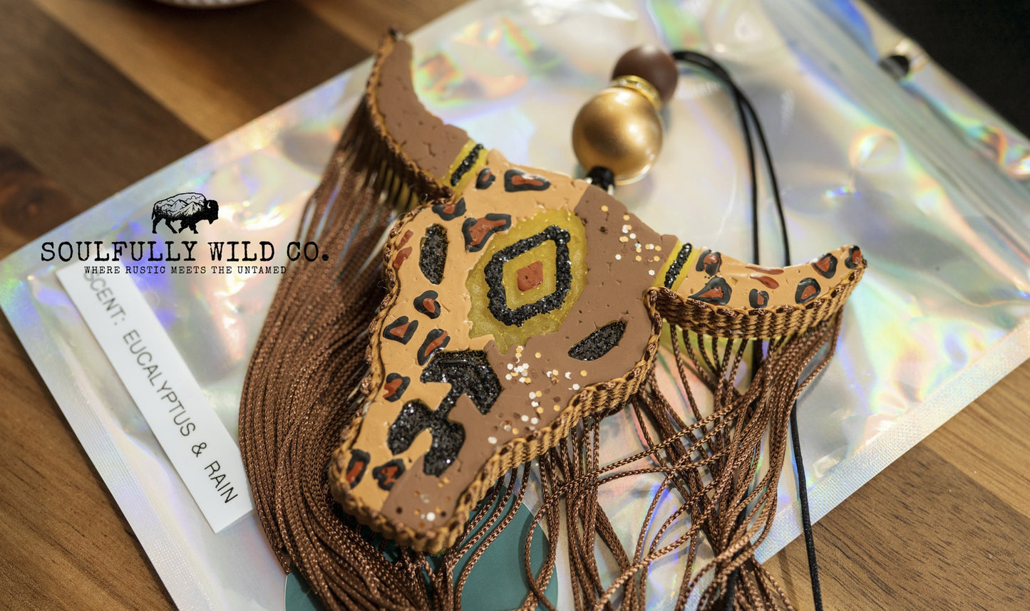 Soulful Air Freshener: Bullhead - Earth tones, Leopard, Brown Fringe (Scent: Eucalyptus & Rain)