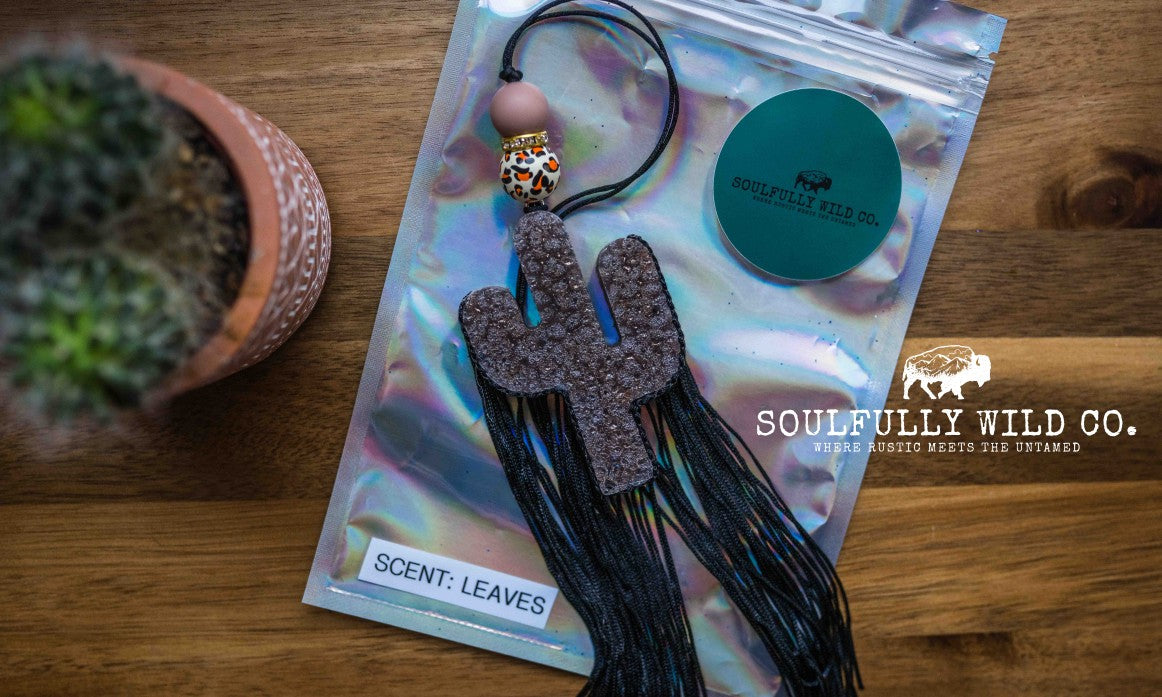 Soulful Air Freshener: Mini Brown Cactus with Black Fringe (Scent: Leaves)