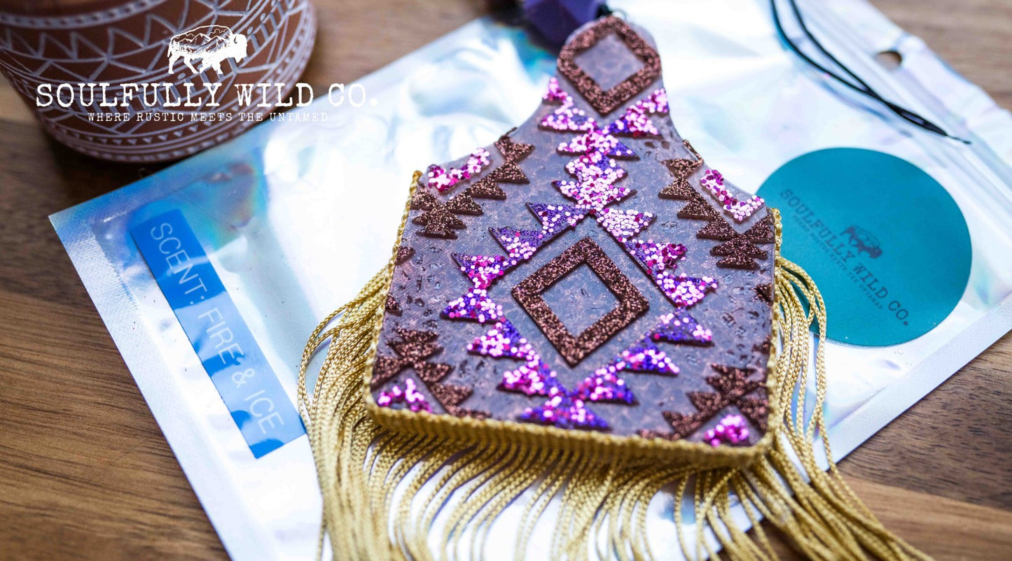 Soulful Air Freshener: Cow Tag with Purple and Copper Aztec Design (Scent: Fire & Ice)