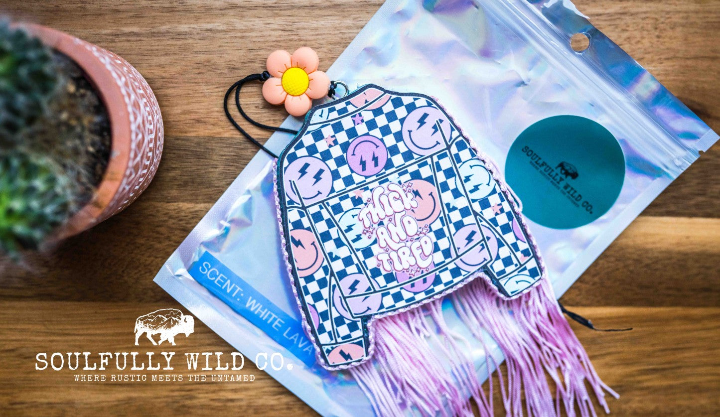 Soulful Air Freshener: Jacket "Thick and Tired" with Pink Fringe (Scent: White Lava)