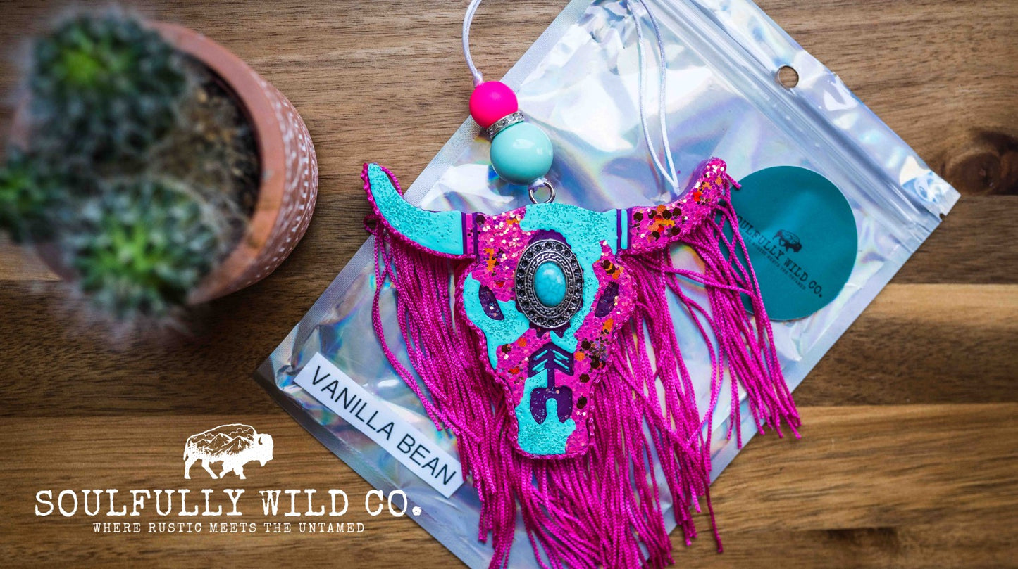 Soulful Air Freshener: Bullhead Pink & Turquoise with Pink Fringe (Scent: Vanilla Bean)
