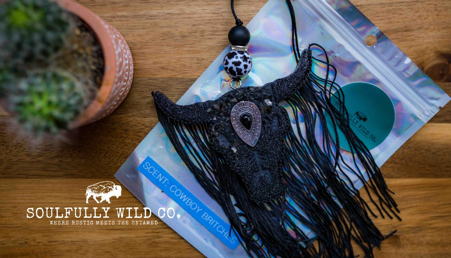 Soulful Air Freshener: Bullhead Black & Black Focal Piece with Black Fringe (Scent: Cowboy Britches)