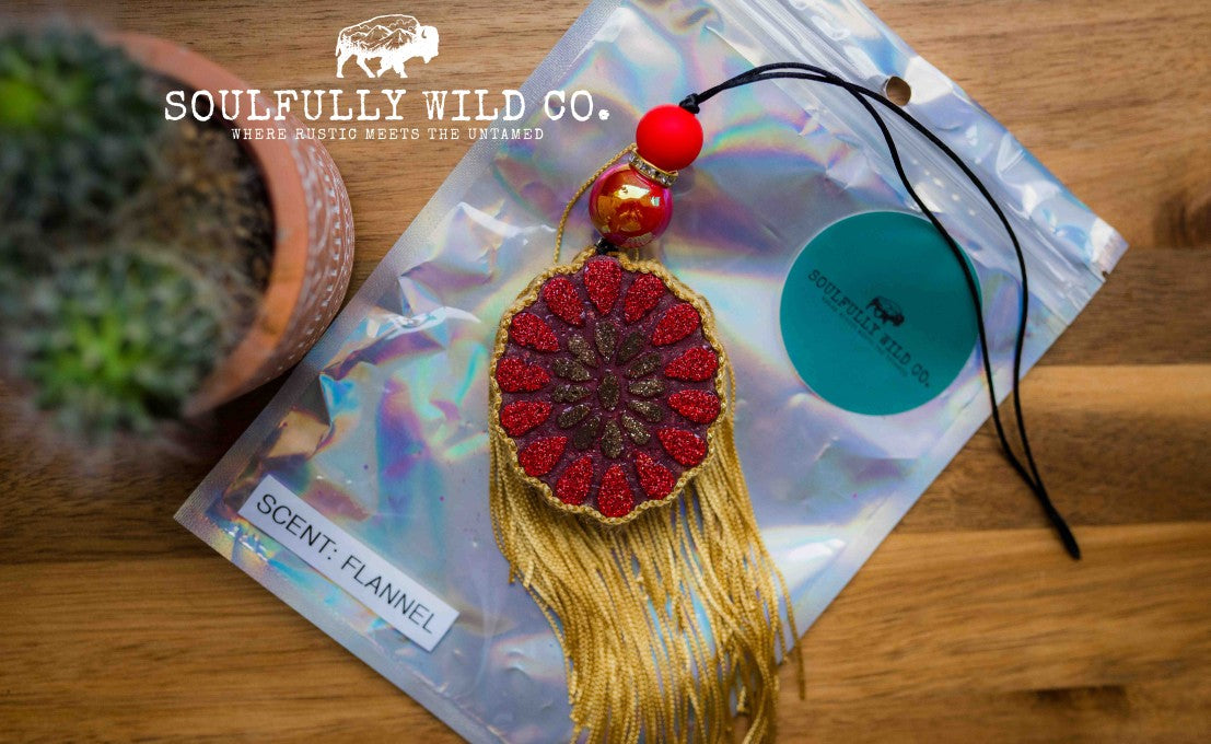 Soulful Air Freshener: Mini Concho Red and Gold with Gold Fringe (Scent: Flannel)