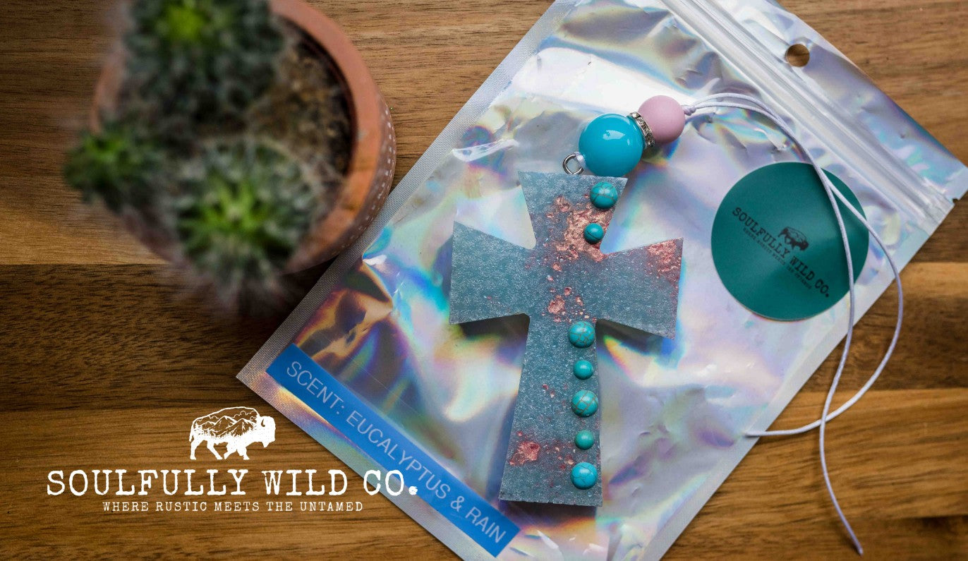 Soulful Air Freshener: Blue and Rose Pink Cross with Turquoise Stones (Scent: Eucalyptus Rain)