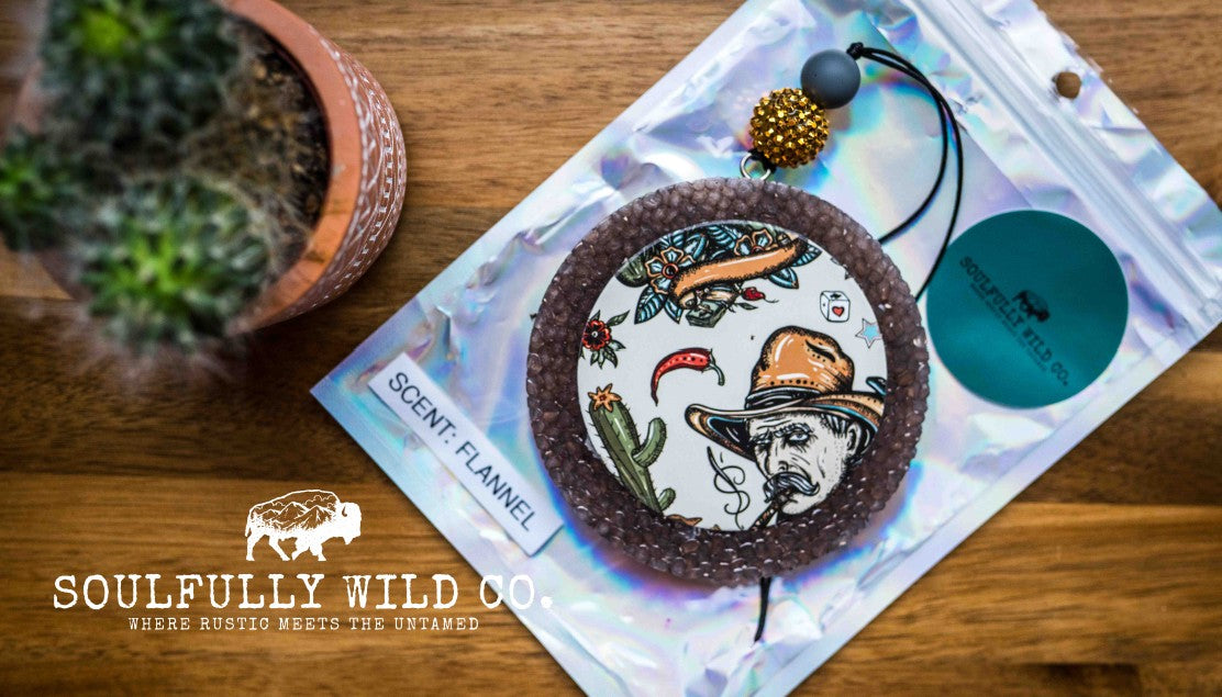 Soulful Air Freshener: Brown Circle with Cowboy (Scent: Flannel)