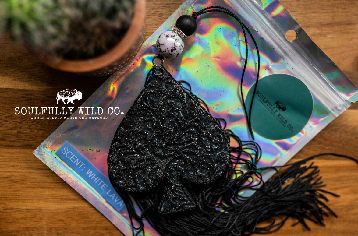 Soulful Air Freshener: Black Spade with Black Fringe (Scent: White Lava)