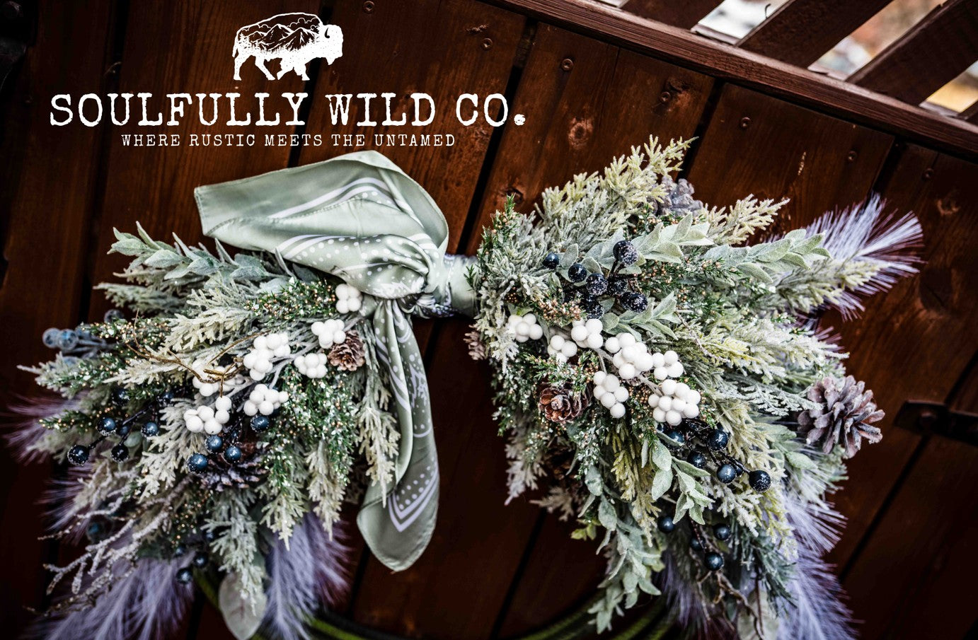 Western Soulful Rope Wreath - "Winter Wonderland" Greens with Green Bandana