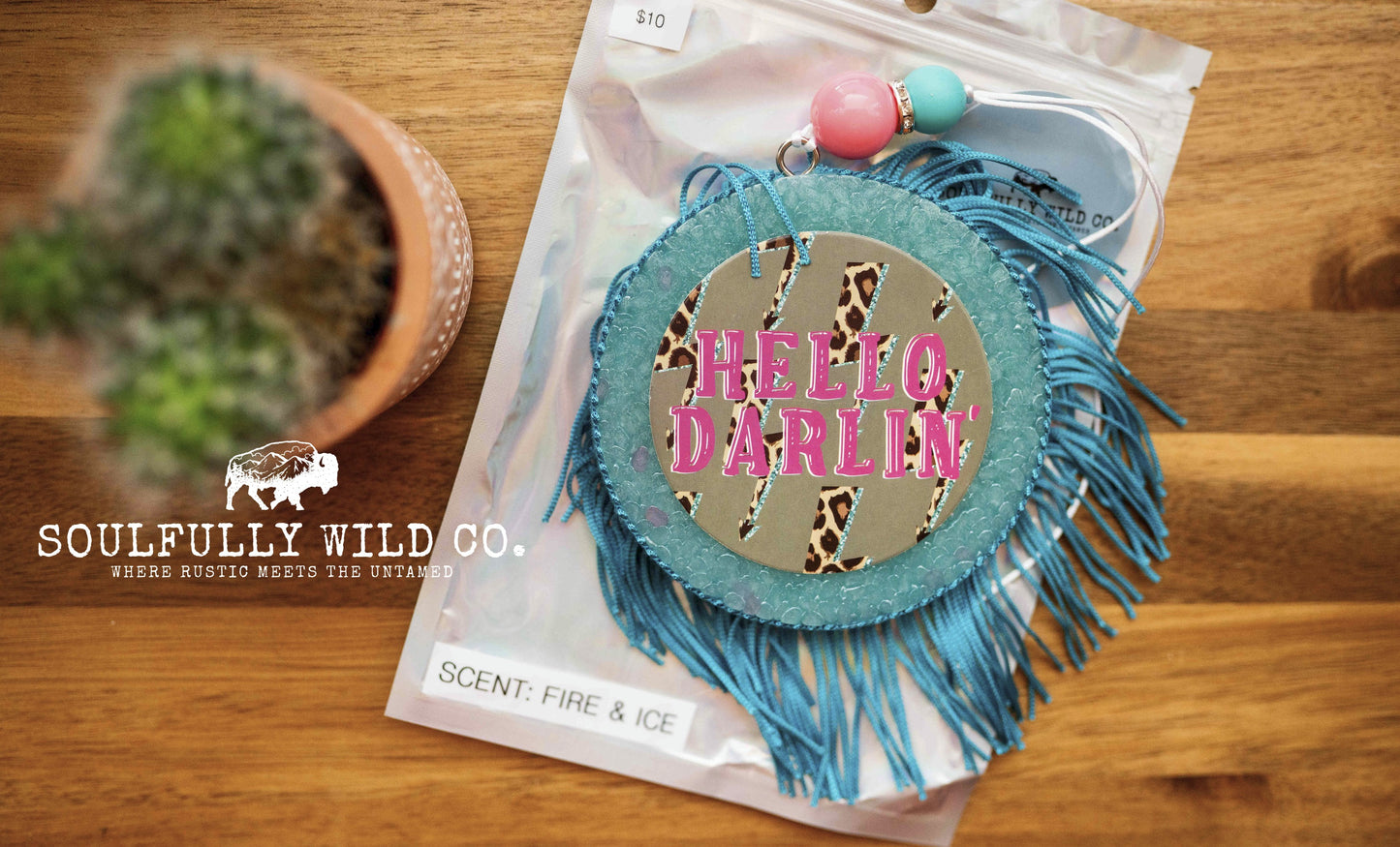 Soulful Air Freshener: "Hello Darlin'" Turquoise Circle & Fringe (Scent: Fire & Ice)