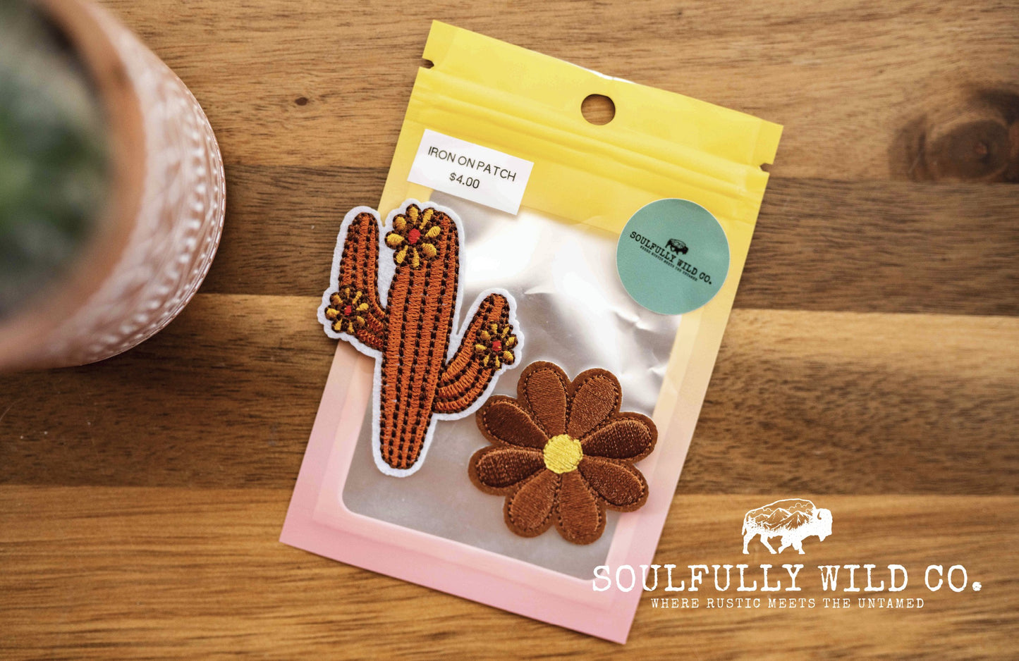 Iron On Patch - Brown Cactus with Flowers and Brown Flower (2 pcs)