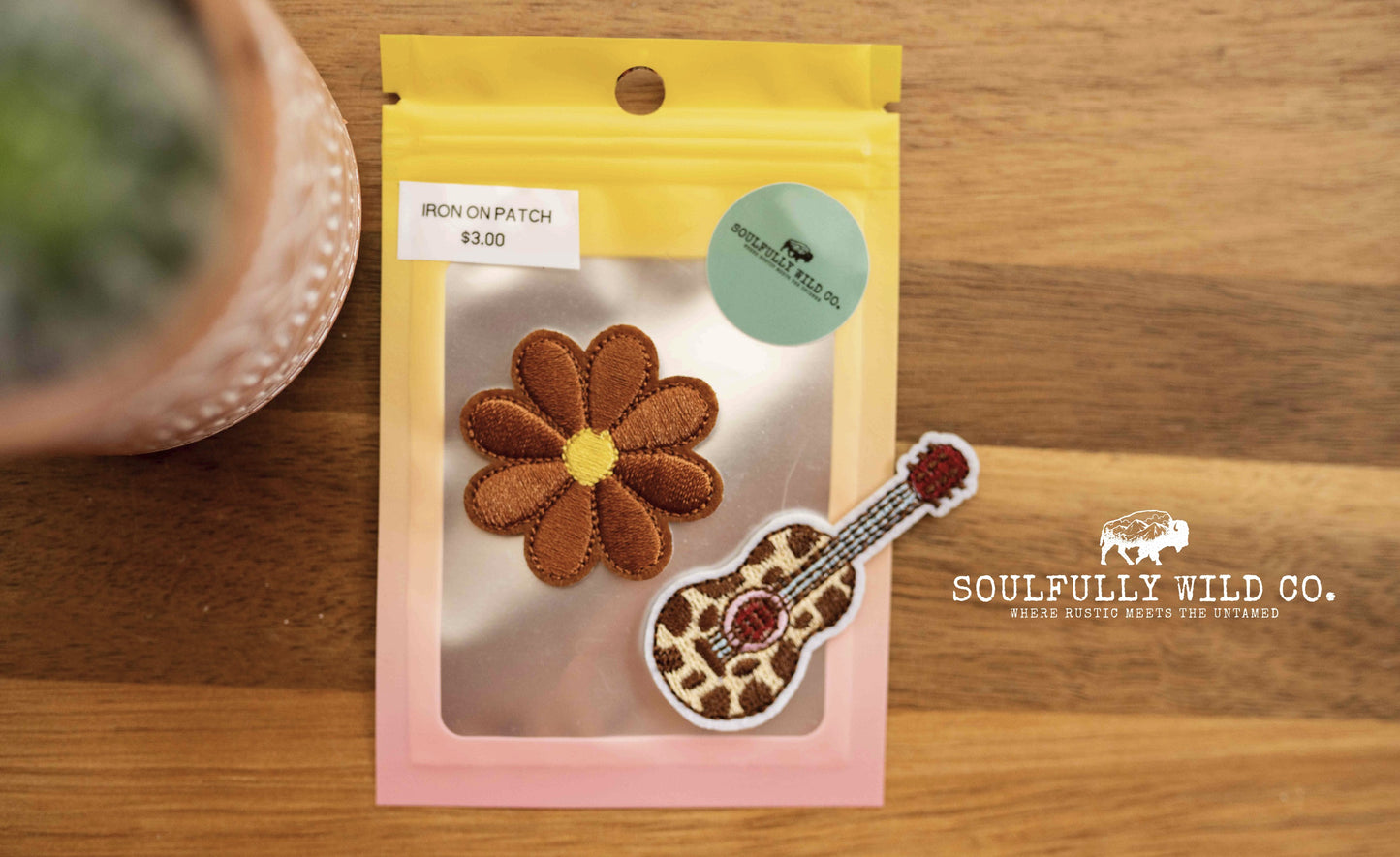 Iron On Patch - Brown Flower and Guitar Yellow/Tan Cow Print (2pc)