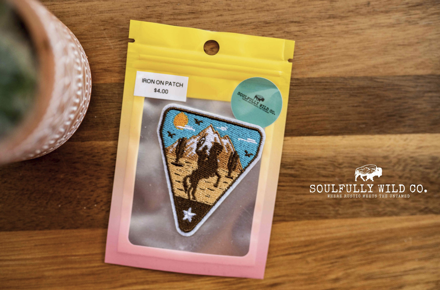 Iron On Patch - Rearing Cowboy/Horse with Desert/Mountain Range