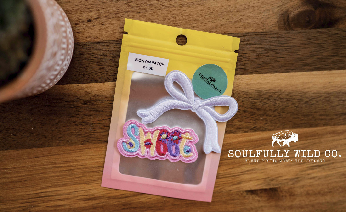 Iron On Patch -"Sweet" with White Bow (2 pc)