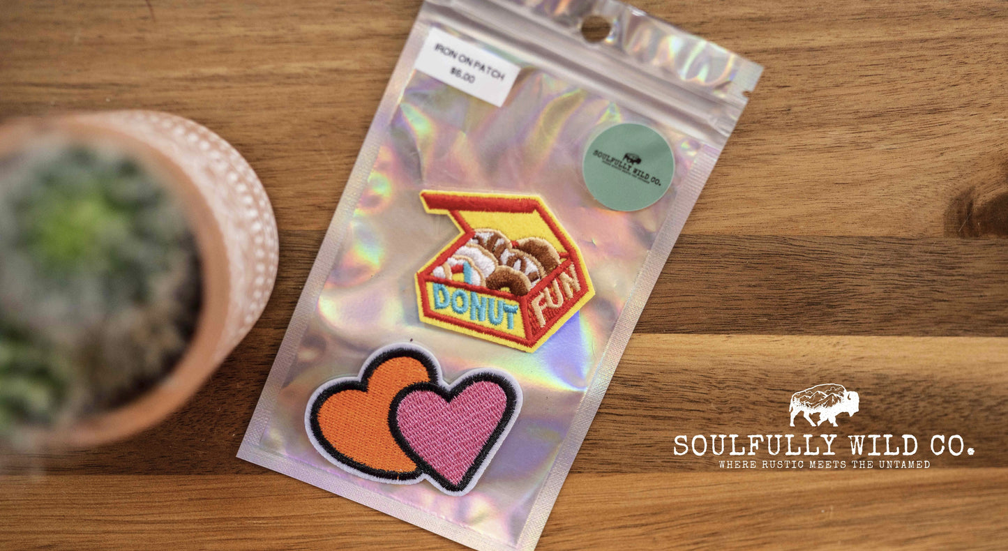 Iron On Patch - Donut Box and Hearts (2 pc)