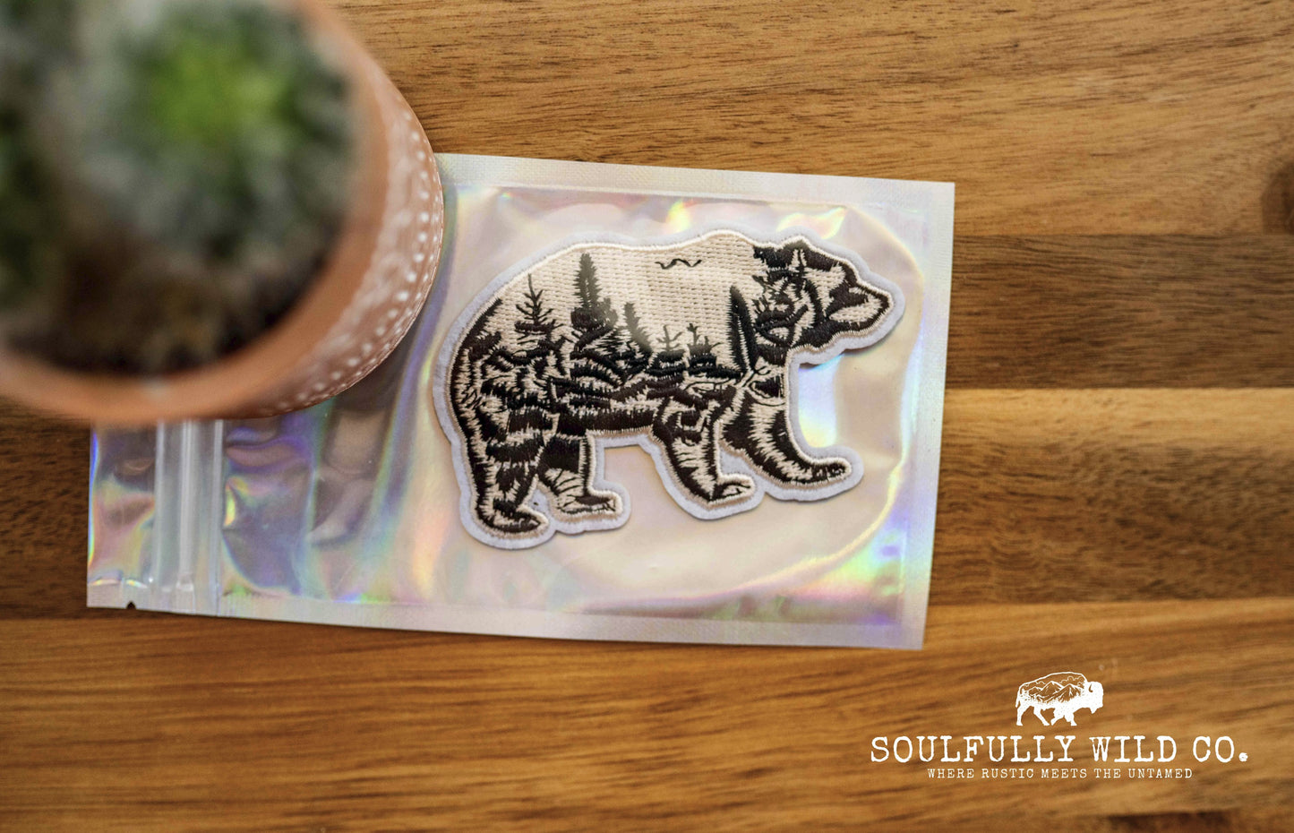 Iron On Patch - Large Bear - White/Black Forest Nature