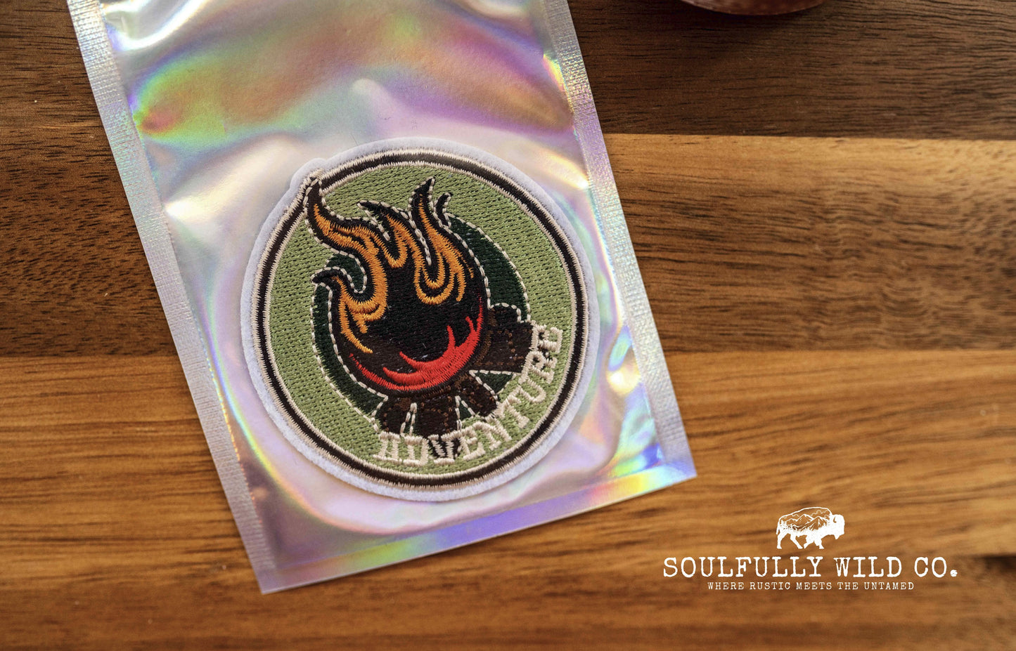 Iron On Patch - "Adventure" Circle with Campfire