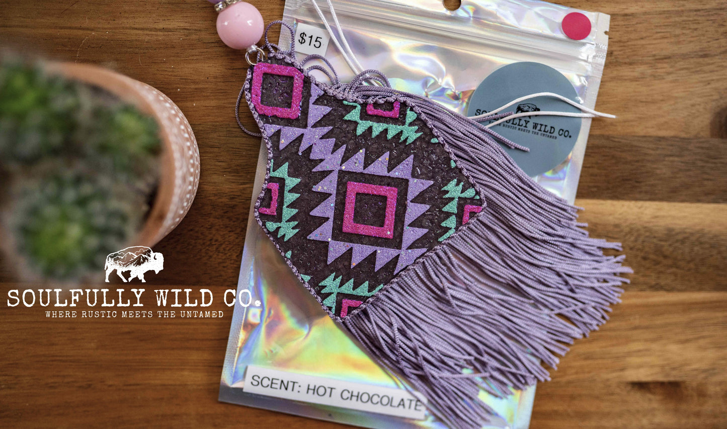 Soulful Air Freshener: Cow Tag - Aztec Design Purple, Teal and Pink (Scent: Hot Chocolate)