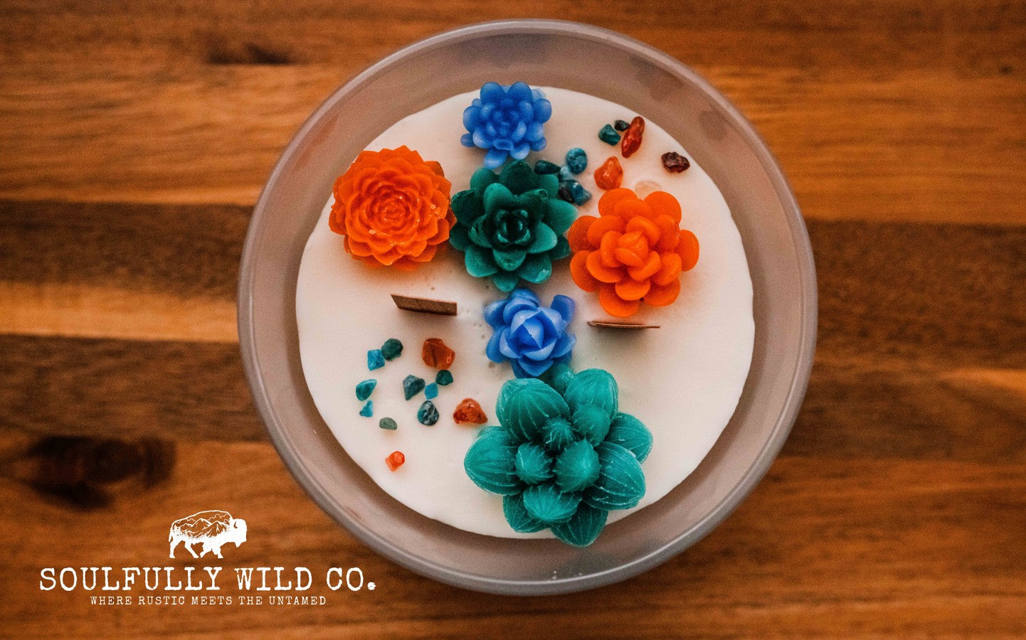 Soulful Handcrafted Soy Candles - Cactus - Teal, Blue & Orange (Scent: Range Rider)