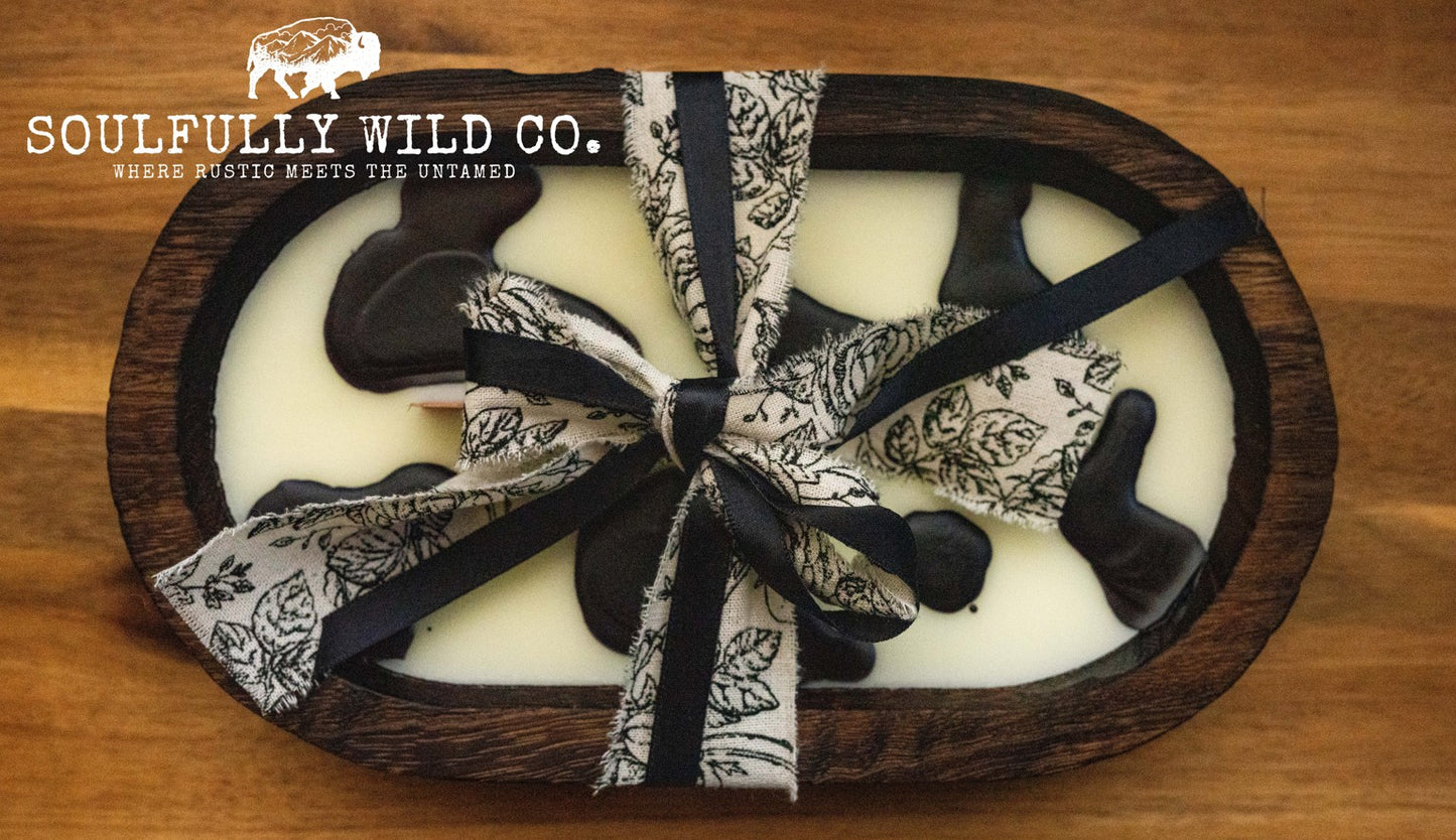 Soulful Handcrafted Soy Candles - Dough Bowl White Base, Black Cow Print