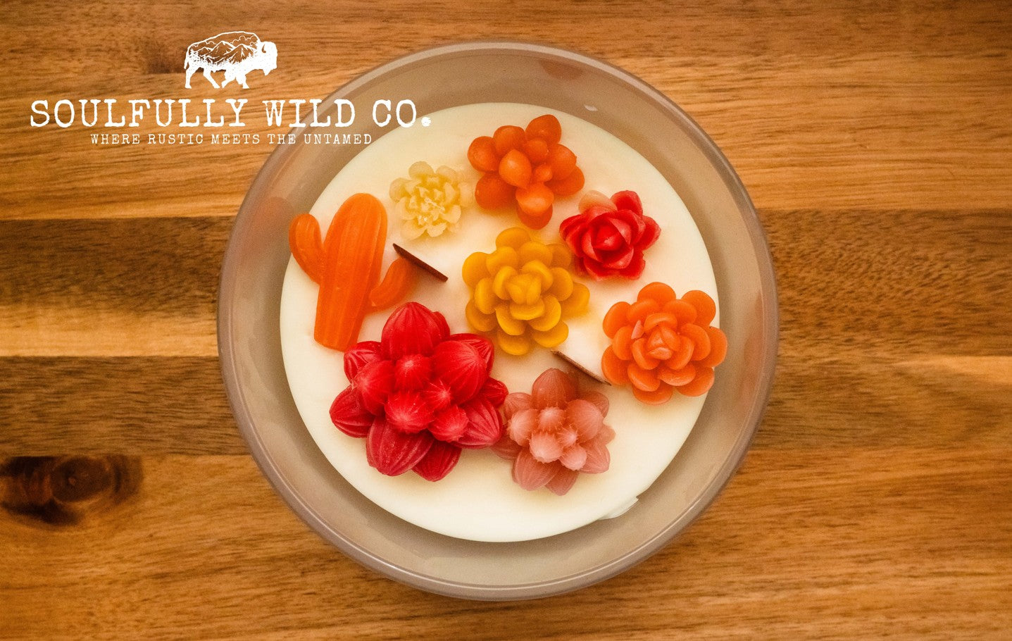 Soulful Handcrafted Soy Candles - Cactus -Red, Pink, Orange and Yellow Tones (Scent: Range Rider)