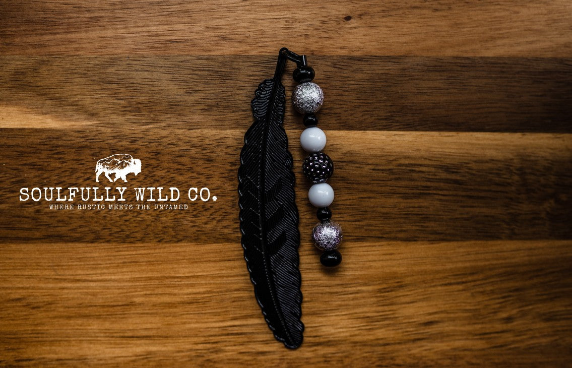 Soulful Black Feather Bookmark - Black, Silver, White