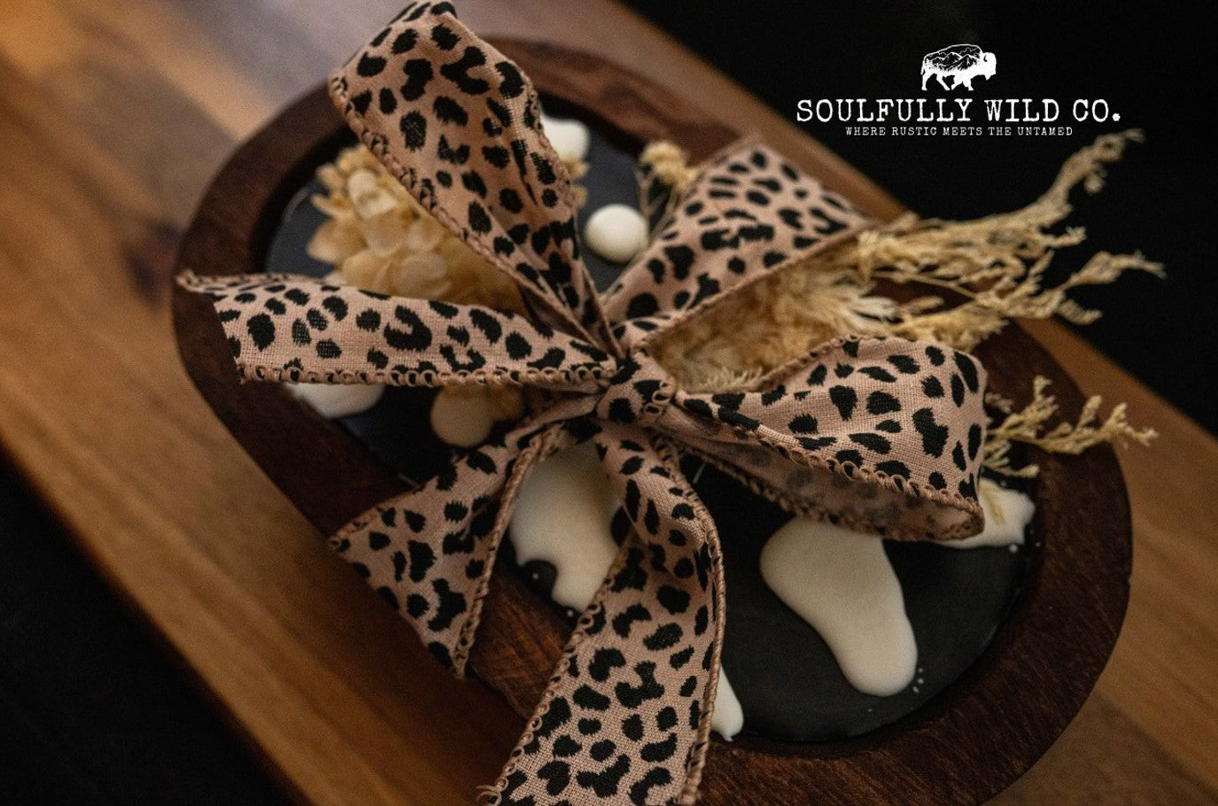 Soulful Handcrafted Soy Candles - Dough Bowl Black Base, White Cow Print with White Flowers