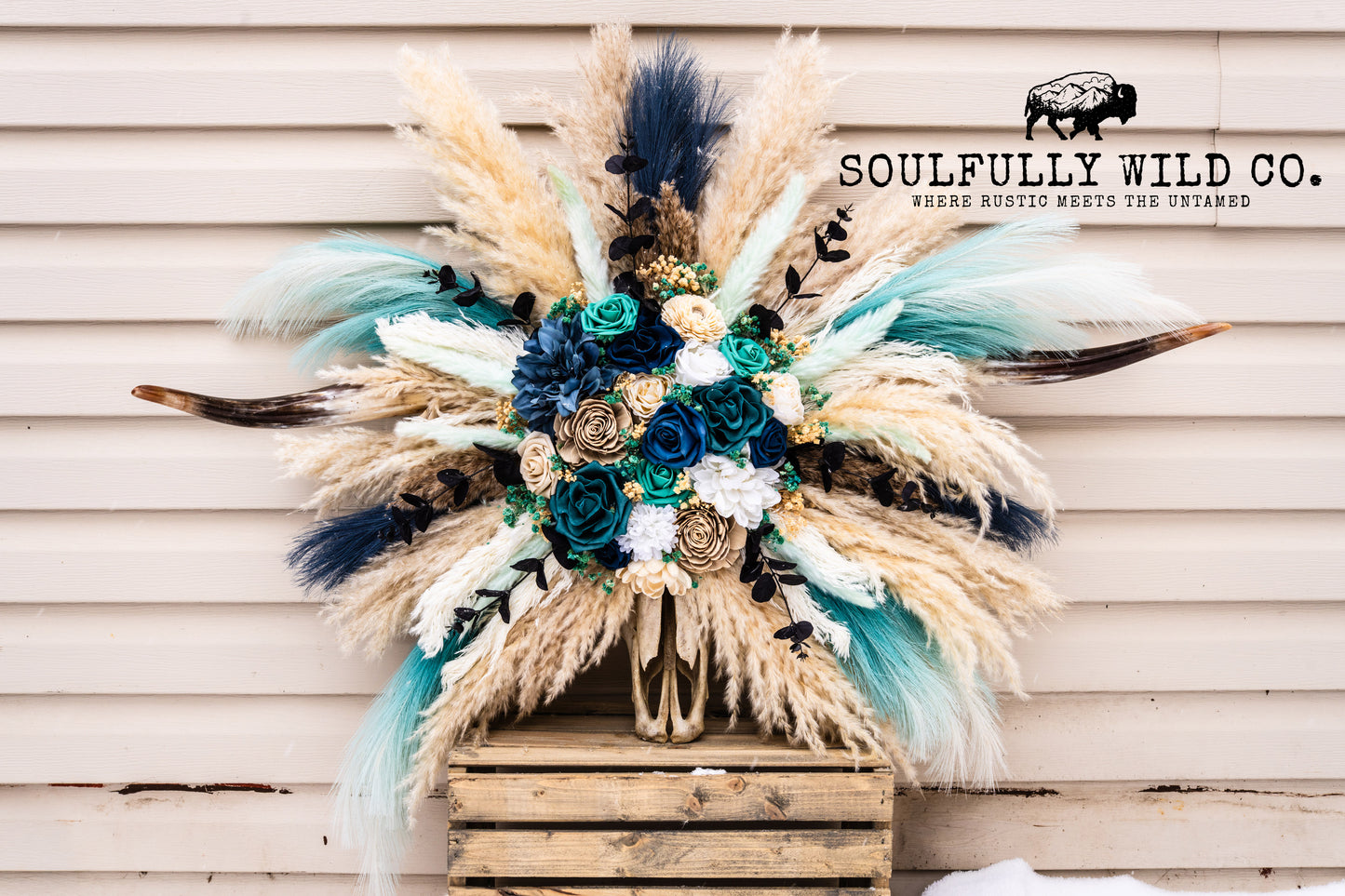 Decorative Cow Skull "Midnight Turquoise Desert"