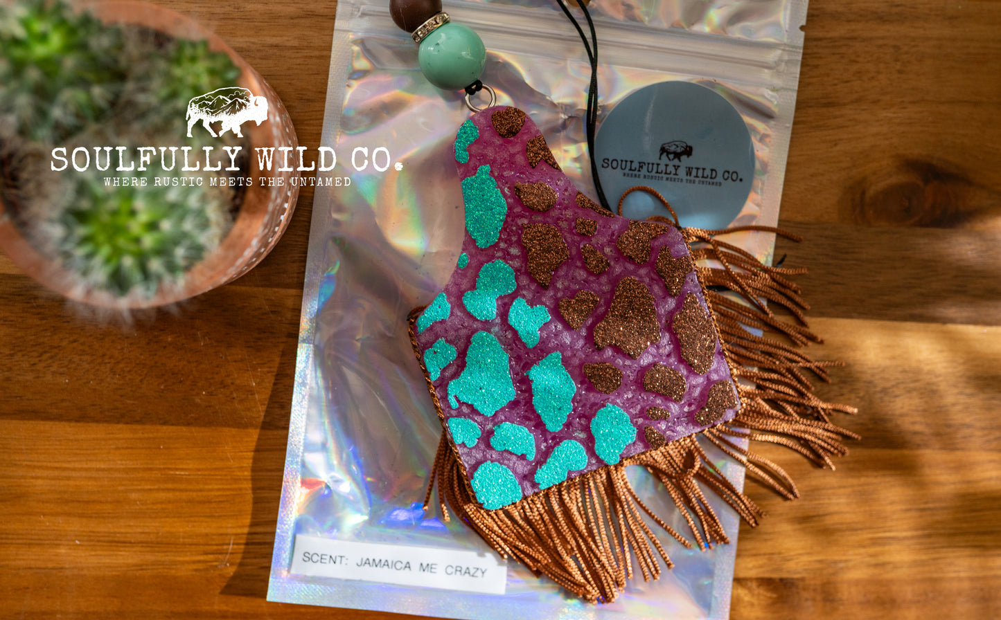 Soulful Air Freshener: Ear Tag Cow Spot Design (Scent: Jamaica Me Crazy)