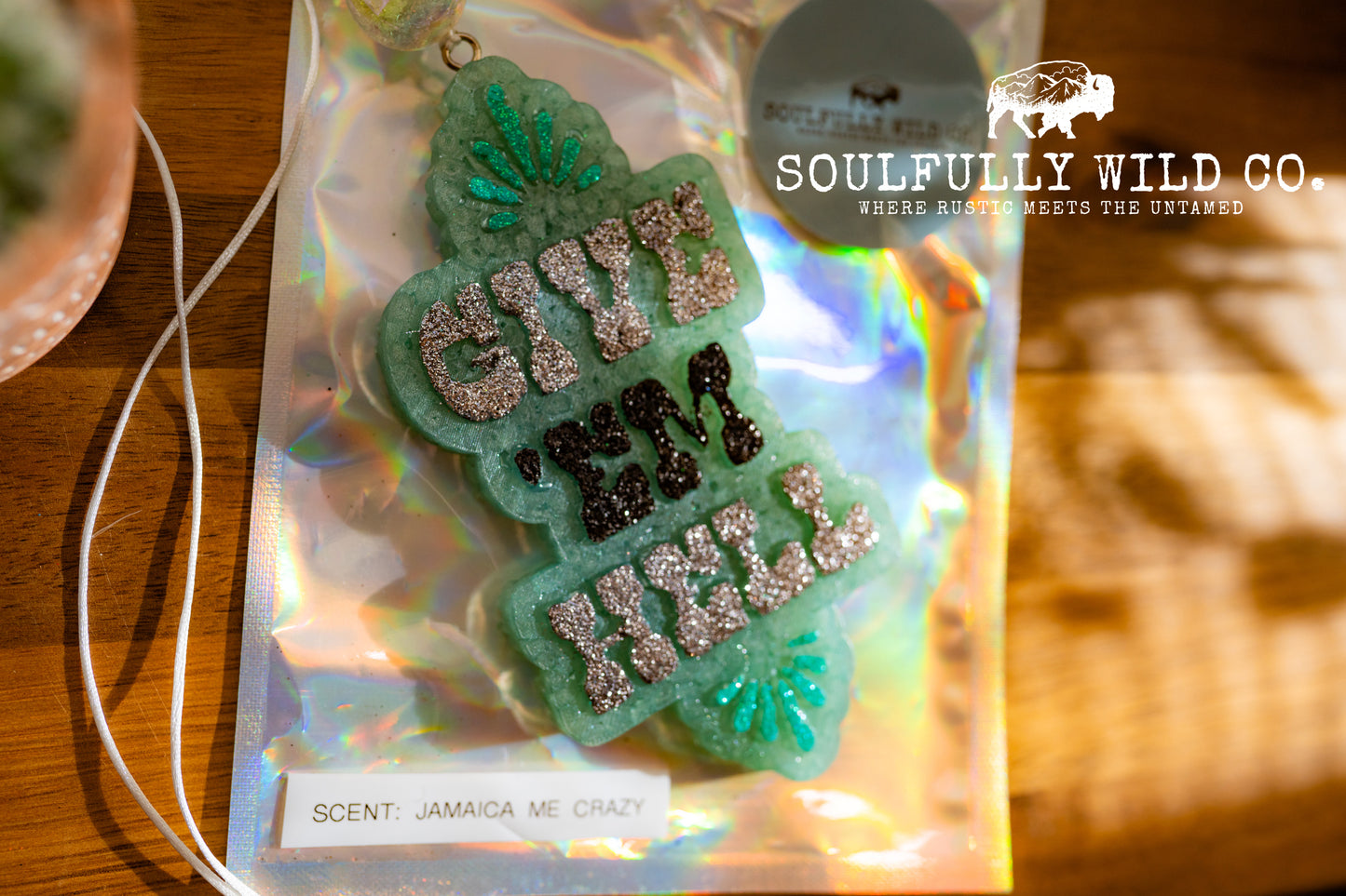 Soulful Air Freshener: "Give 'Em Hell" Teal Base (Scent: Jamaica Me Crazy)