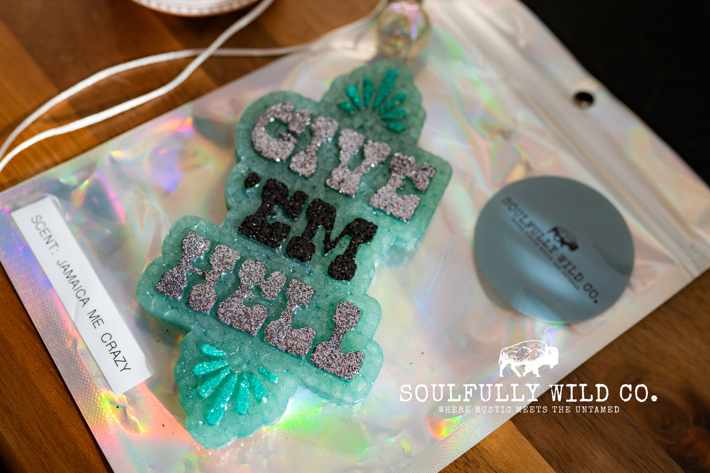 Soulful Air Freshener: "Give 'Em Hell" Teal Base (Scent: Jamaica Me Crazy)