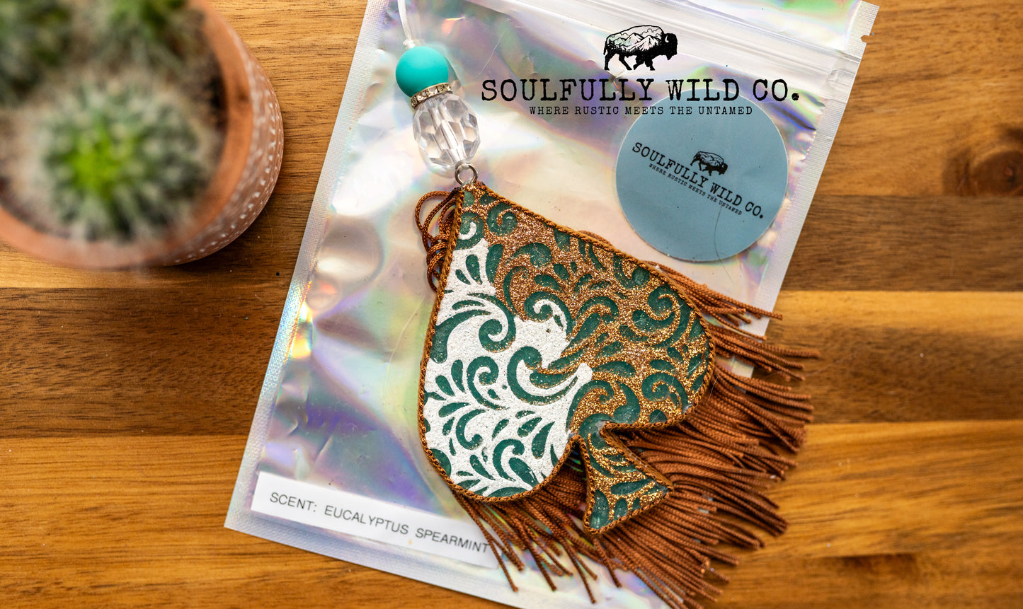 Soulful Air Freshener: Spade Design White, Teal and Gold (Scent: Eucalyptus Spearmint)