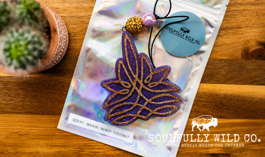 Soulful Air Freshener: Boot Stitch Purple & Gold (Scent: Waikiki Beach Coconut )