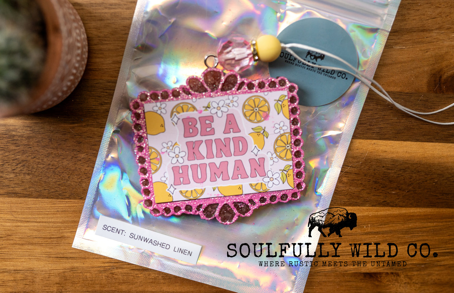 Soulful Air Freshener: Rectangle Frame "Be a Kind Human" (Scent: Sunwashed Linen)