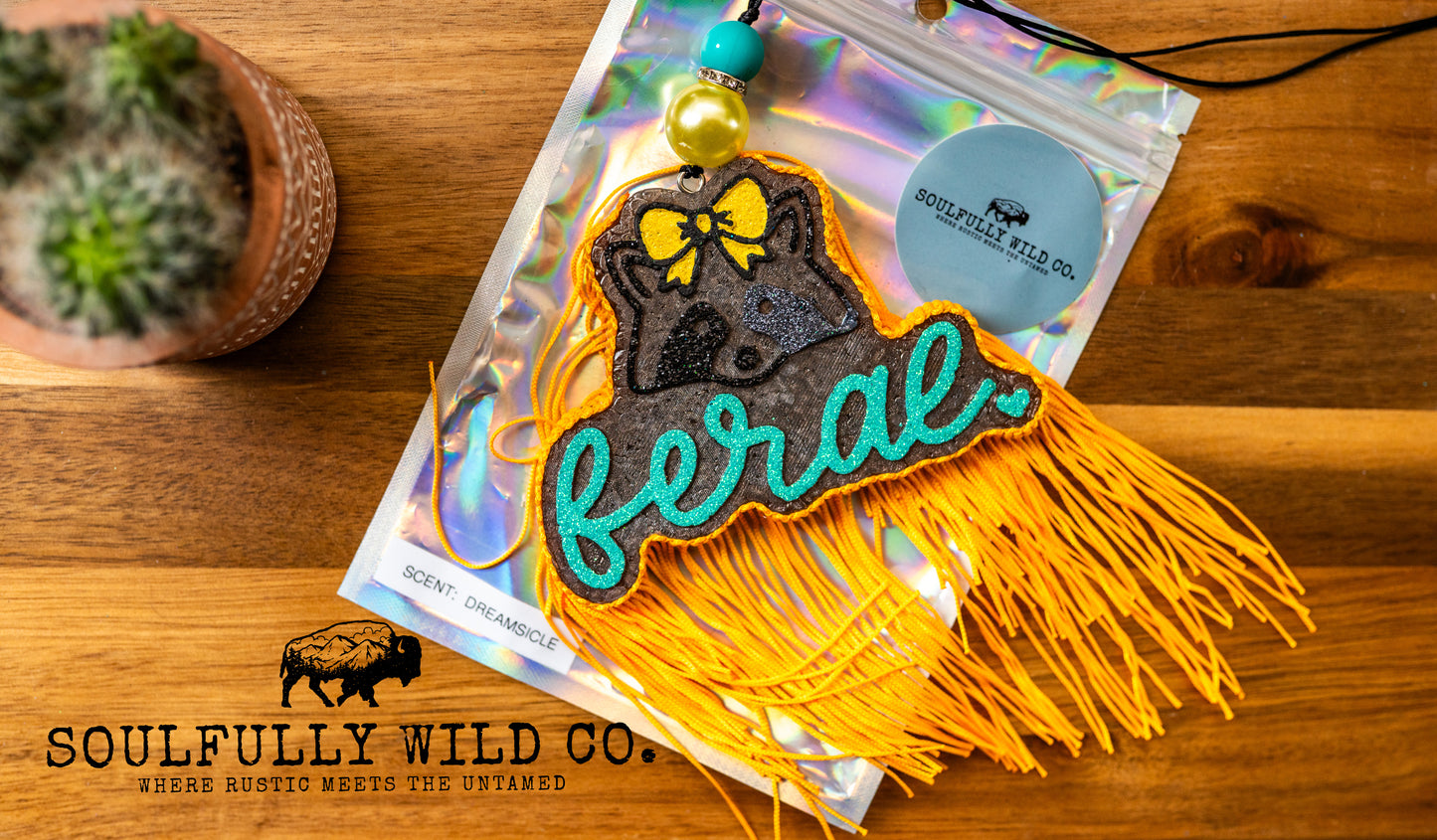 Soulful Air Freshener: "Feral" Raccoon, Yellow and Turquoise (Scent: Dreamsicle)