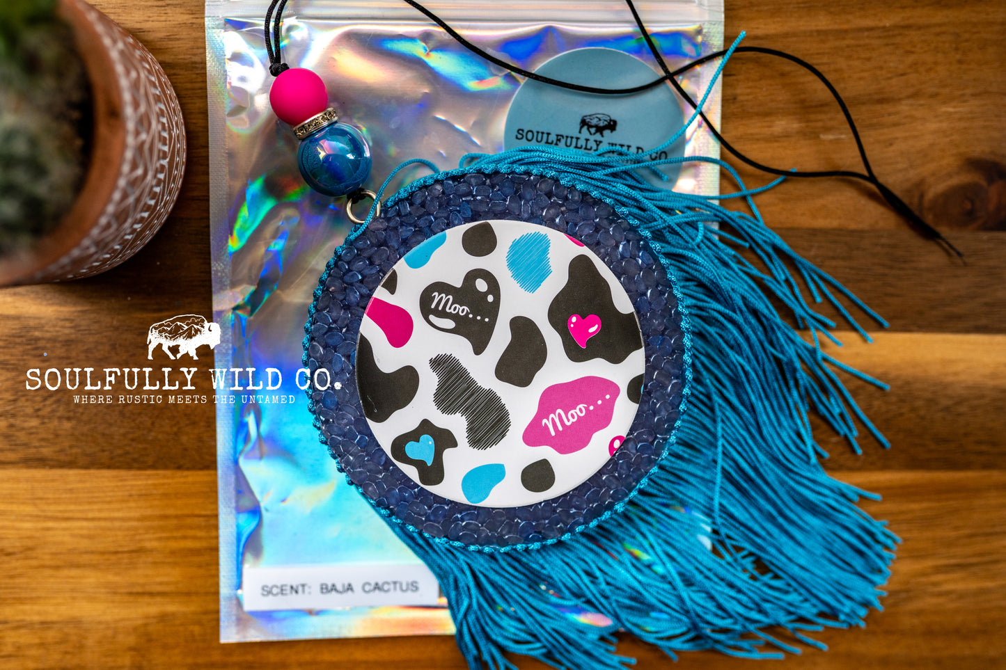 Soulful Air Freshener: Circle Cow Print "Moo Moo" (Scent: Baja Cactus)