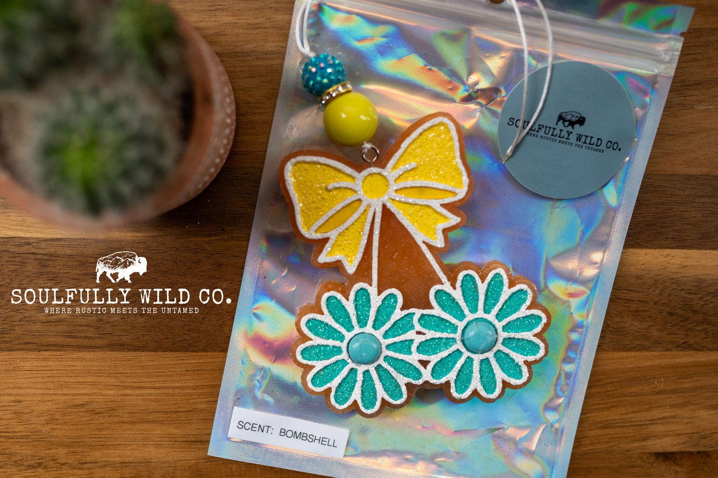 Soulful Air Freshener: Bow with Flowers /Yellow & Turquoise (Scent: Bombshell)