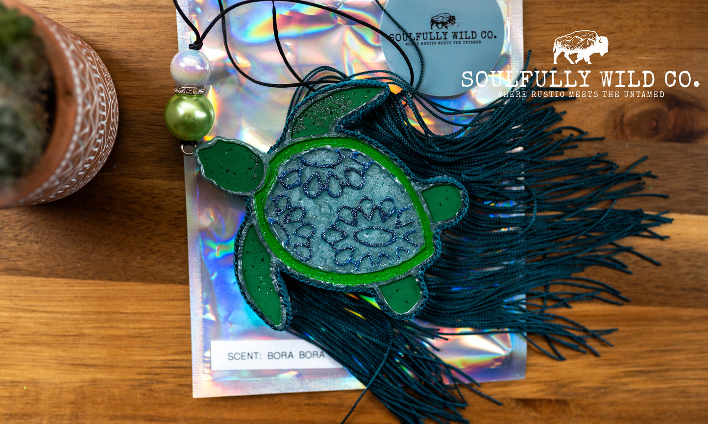 Soulful Air Freshener: Turtle with Concho Design - Green, Blue Tones (Scent: Bora Bora)