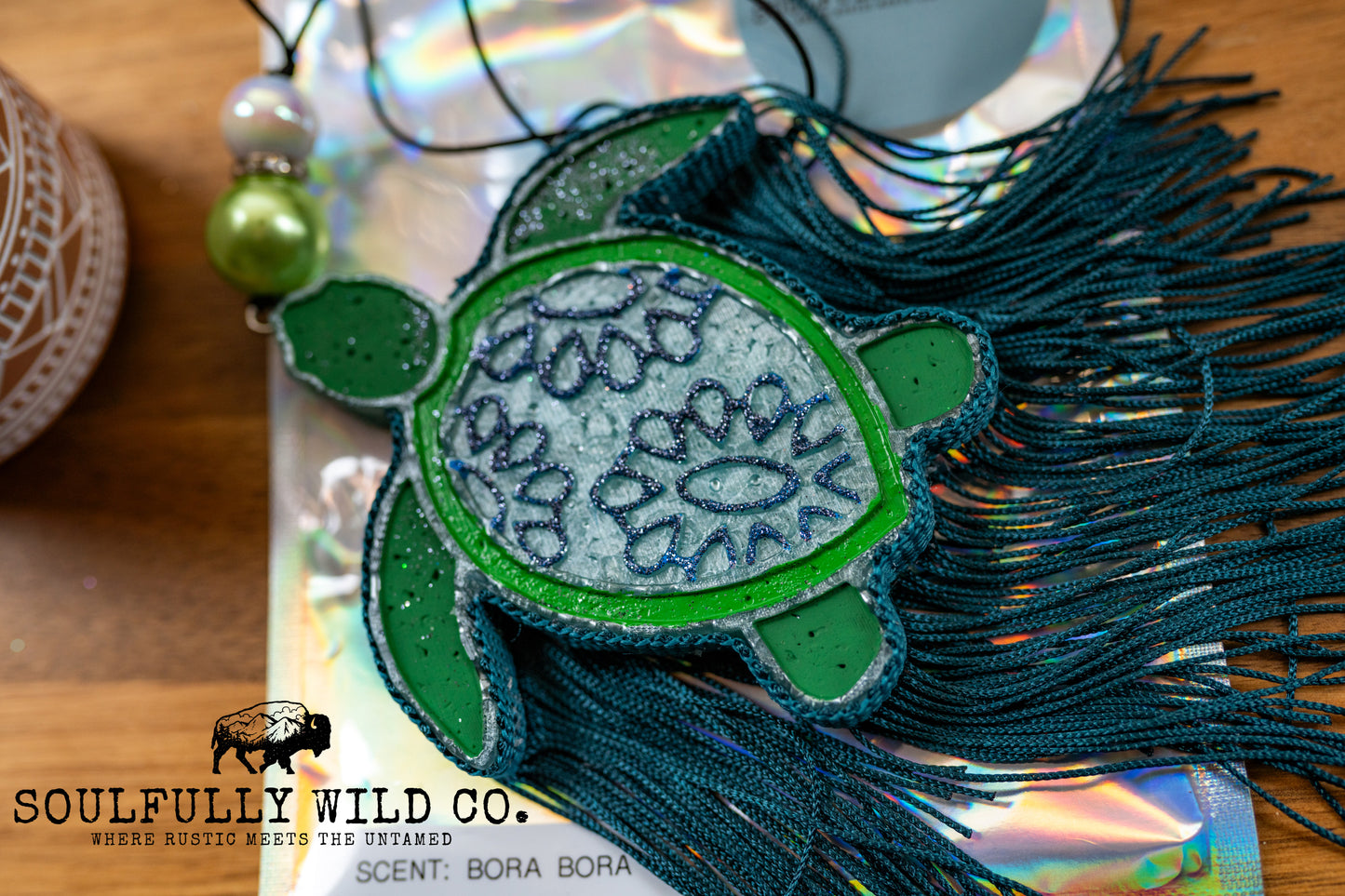 Soulful Air Freshener: Turtle with Concho Design - Green, Blue Tones (Scent: Bora Bora)