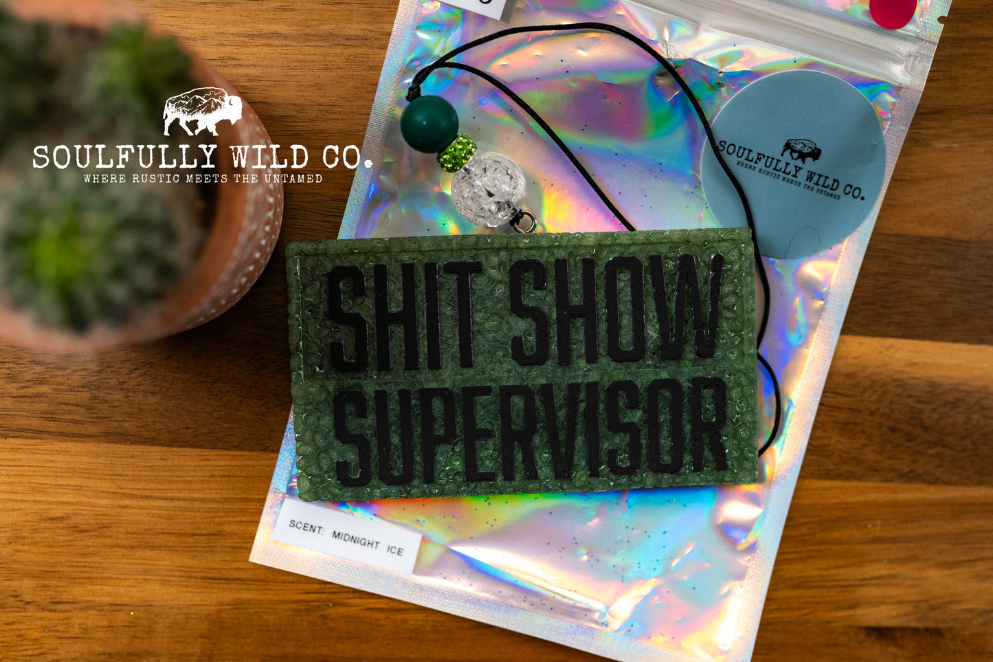 Soulful Air Freshener: "Shit Show Supervisor" Green & Black (Scent: Midnight Ice)