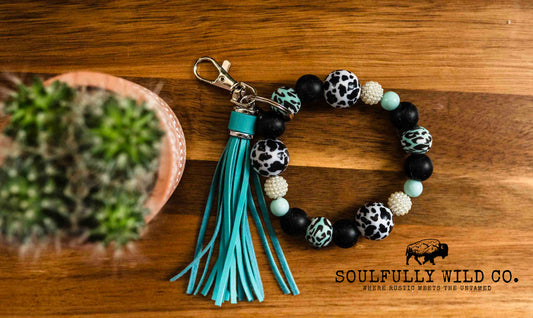 Wild Soul Keychain - Black and Turquoise Wristlet with Cow Print