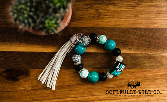 Wild Soul Keychain - Cow print, Black and Turquoise I love Jesus Wristlet