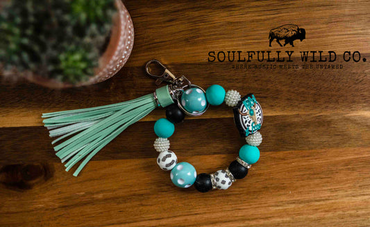 Wild Soul Keychain - Cow print, Black and Turquoise Wild &  Free Wristlet
