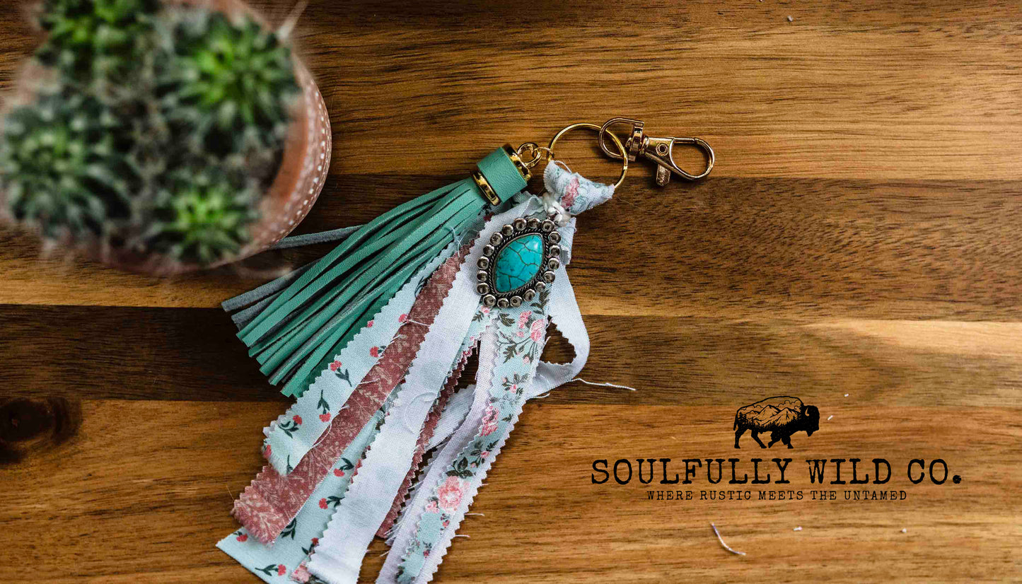 Wild Soul Keychain -  Turquoise, Country Fabric with Turquoise Charm