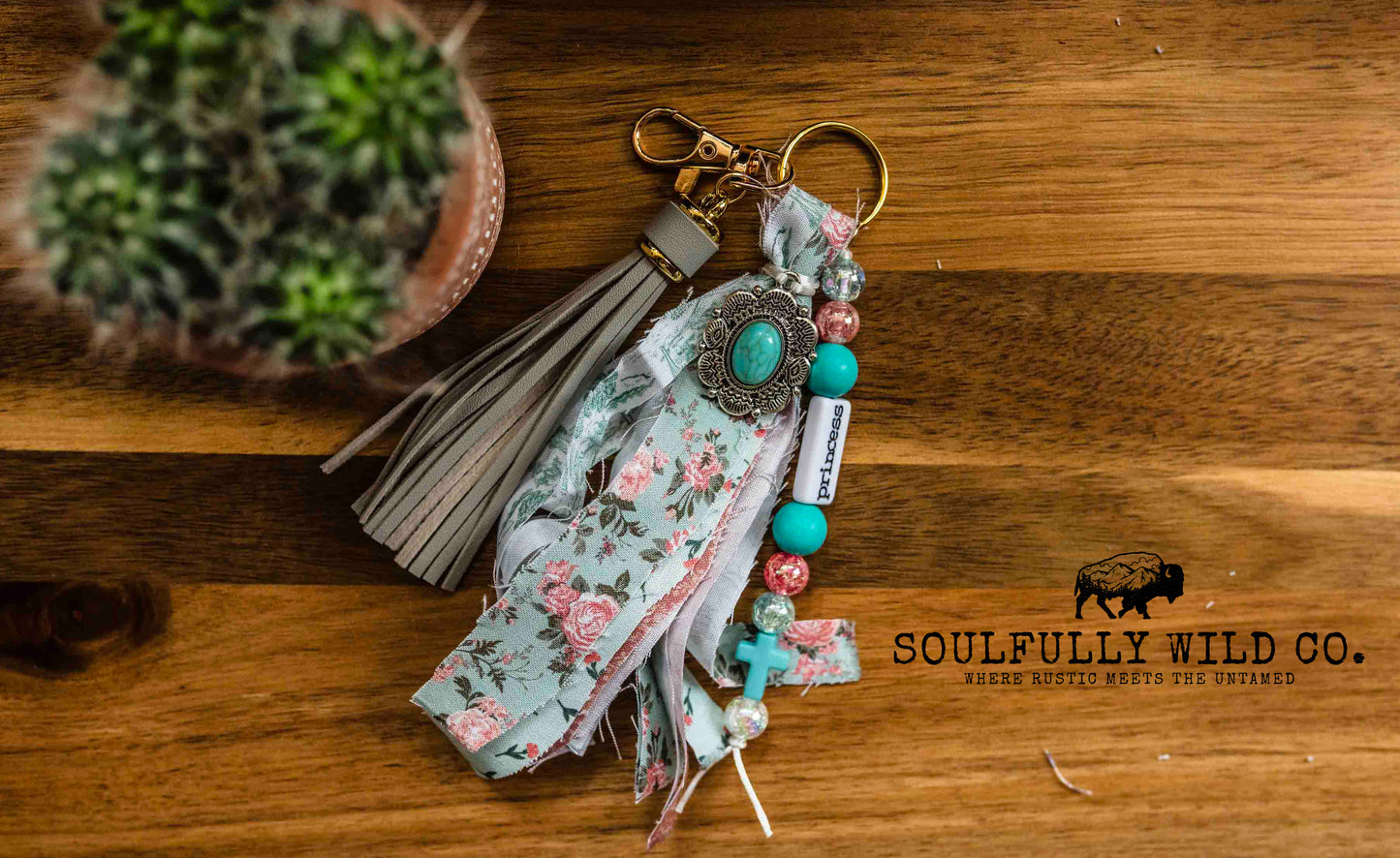 Wild Soul Keychain -  Grey Tassel, Country Fabric with Turquoise Charm, pink turquoise with "princess"