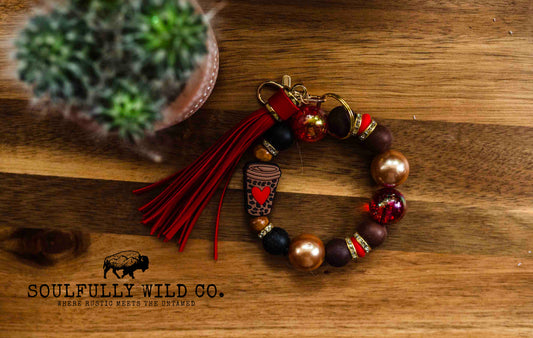 Wild Soul Keychain - Red, Brown and Black with coffee cup and Red Tassel Wristlet